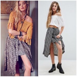 Free People Love Train Wrap Midi Asymmetric Skirt in Black Floral Combo 2 EUC